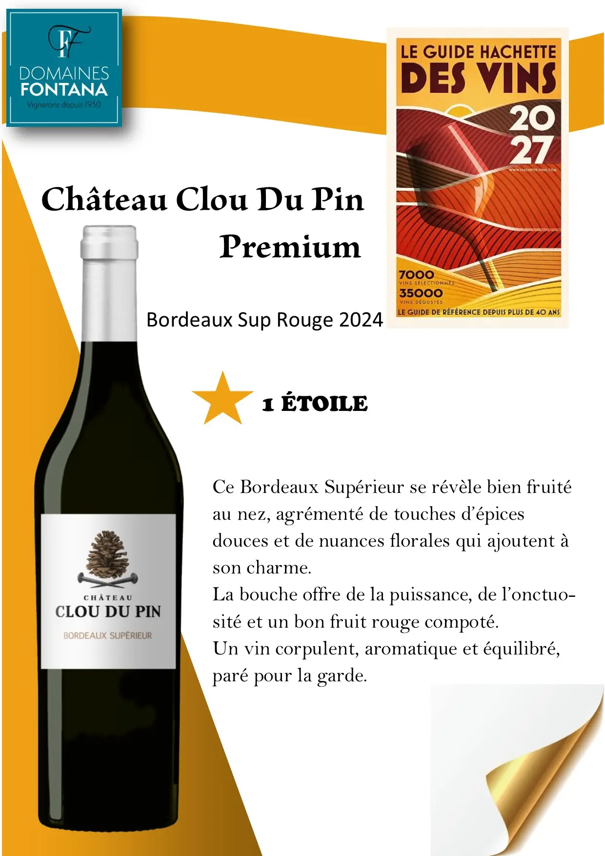 1 étoile au guide hachette des vins 2027, Château CLOU DU PREMIUM Bordeaux Supérieur 2024